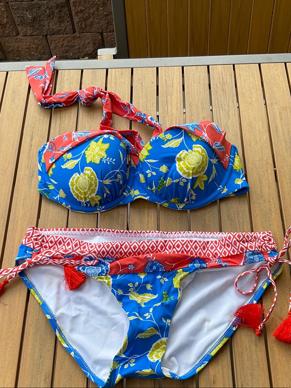 Lands' End Blue Floral Bikini with Yellow Flowers and Red/Orange Trim, NWT